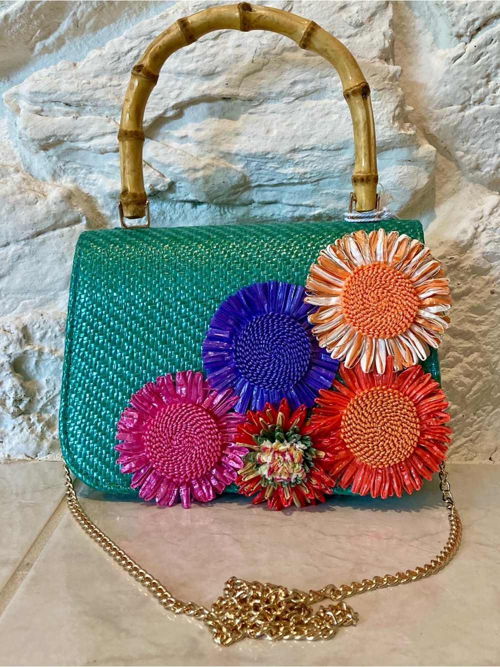 NWT Haute Hippie Green Straw Top-Handle Tote with Multicolor Floral Accents - Picture 9 of 10